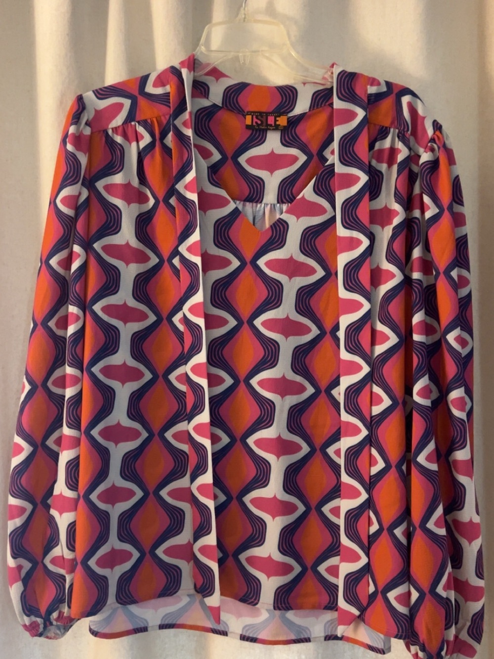 Geo-Print V-Neck Blouse in Pink, Orange & Purple